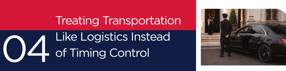 Section graphic for a Fashion Week travel article showing the heading “Treating Transportation Like Logistics Instead of Timing Control” with a black executive car waiting outside an event venue.
