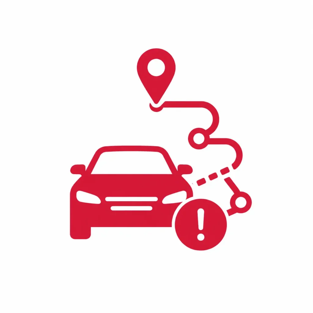 Red car and route icon with a location pin and alert badge, representing transportation delays, routing problems, and driver coordination issues.
