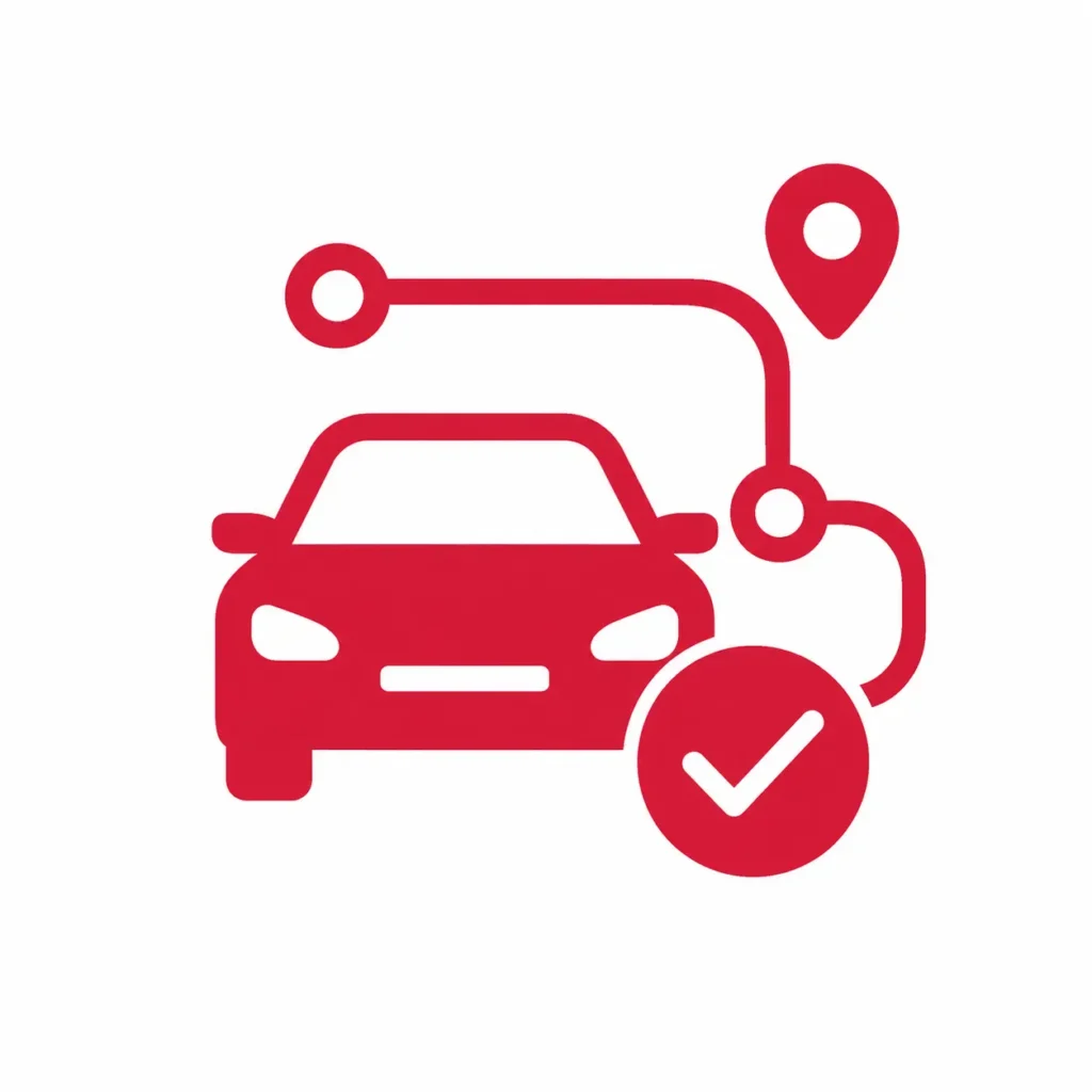 Red car route icon with a location path and checkmark badge, representing confirmed driver details, clear routing, and transportation timing control.