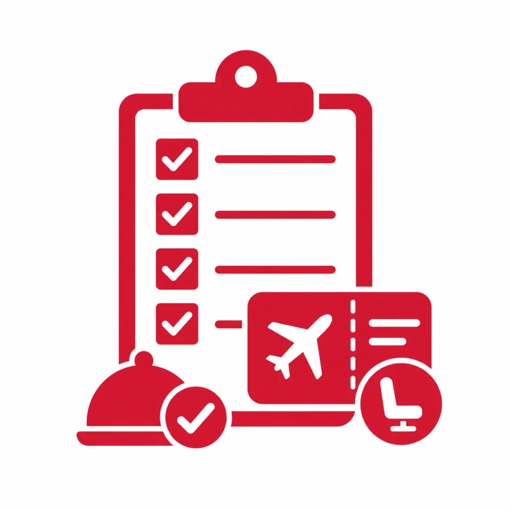 Red icon showing a flight checklist with boarding pass, seat, and meal symbols, representing details to confirm before booking VIP flights.