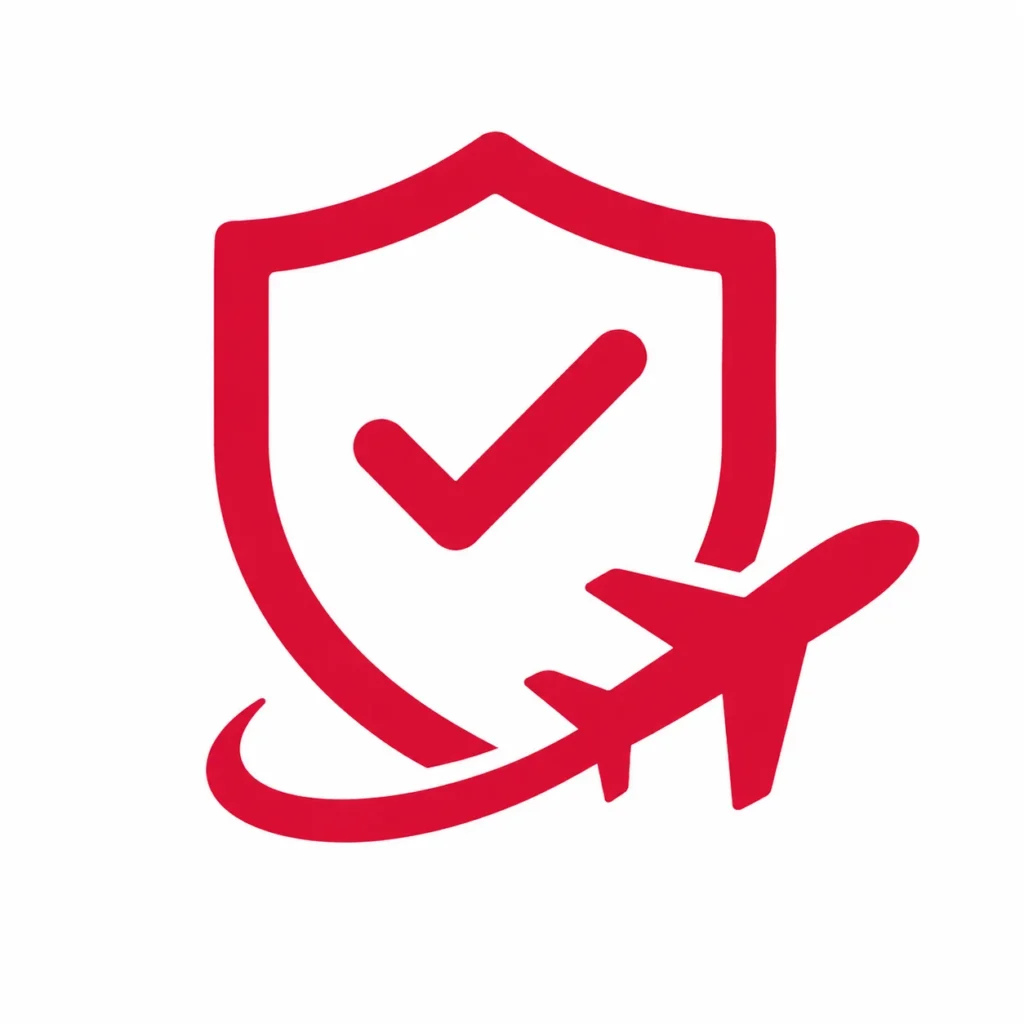 Red icon showing a shield with a checkmark and airplane, representing smooth and well-managed VIP flight coordination.
