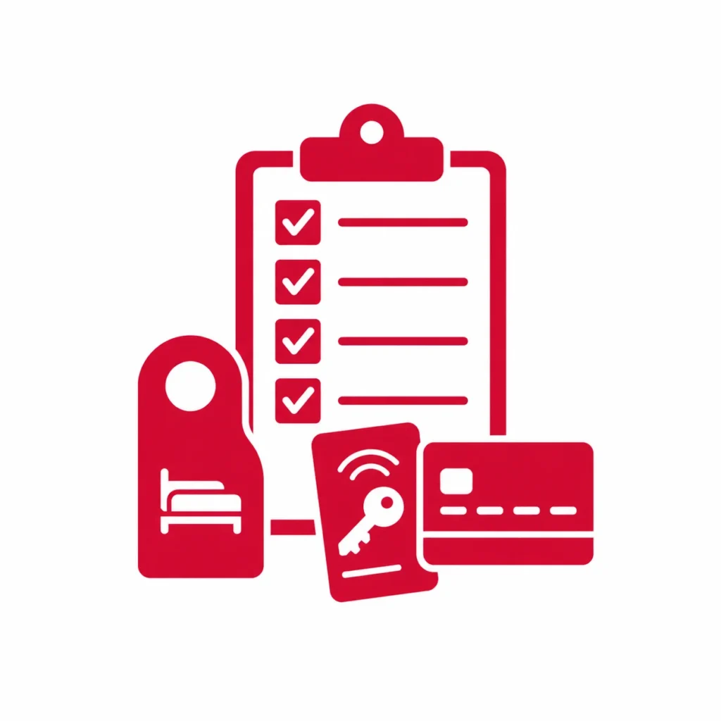 Red icon showing a hotel checklist with room access card, key, and payment card, representing VIP hotel arrangements prepared in advance.