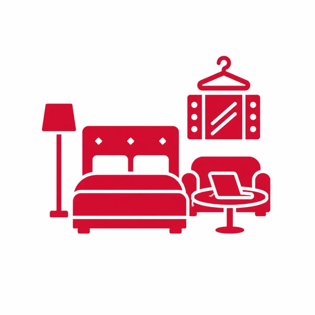 Red icon showing a hotel room with bed, lounge chair, laptop, lamp, and garment hanger, representing a VIP hotel space used for prep, meetings, and work.