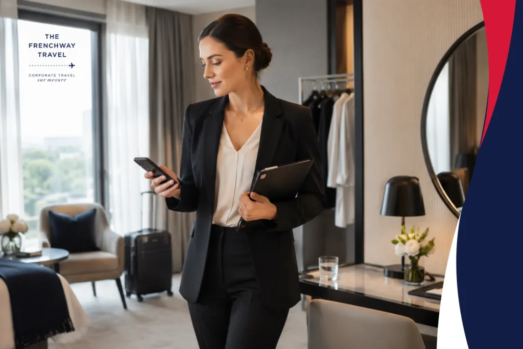 Editorial image for a VIP talent travel checklist article, showing a professional coordinator checking a luxury hotel suite before arrival with a phone, folder, luggage, and garment rack in the background.