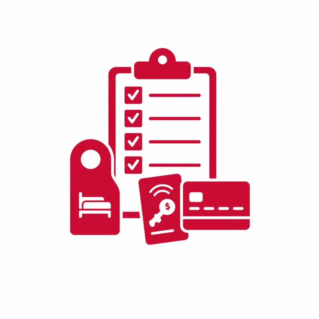 Red icon showing a payment checklist with hotel tag, key card, and credit card, representing payment methods and expense structure set up in advance.