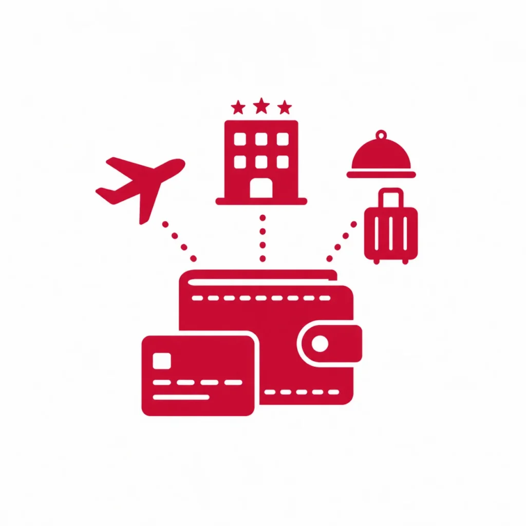Red icon showing a wallet, payment card, airplane, hotel, luggage, and service symbols, representing planning who pays for VIP travel expenses.