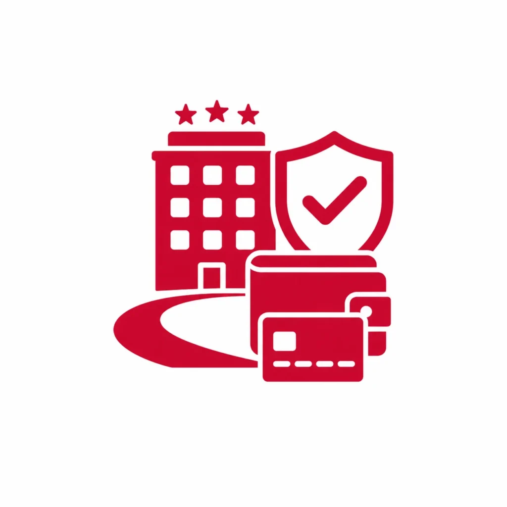 Red icon showing a hotel, wallet, payment card, and shield with checkmark, representing secure and friction-free VIP travel payments.