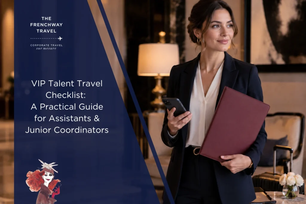 Editorial cover image for a VIP talent travel checklist article, showing a professional travel coordinator in a luxury hotel lobby holding a smartphone and red folder, with luggage and planning materials in the background.