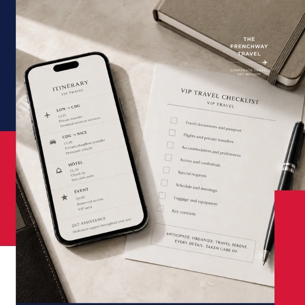 Intro image for a VIP talent travel checklist article, showing a premium travel planning desk with smartphone itinerary, printed checklist, travel wallet, notebook, and pen