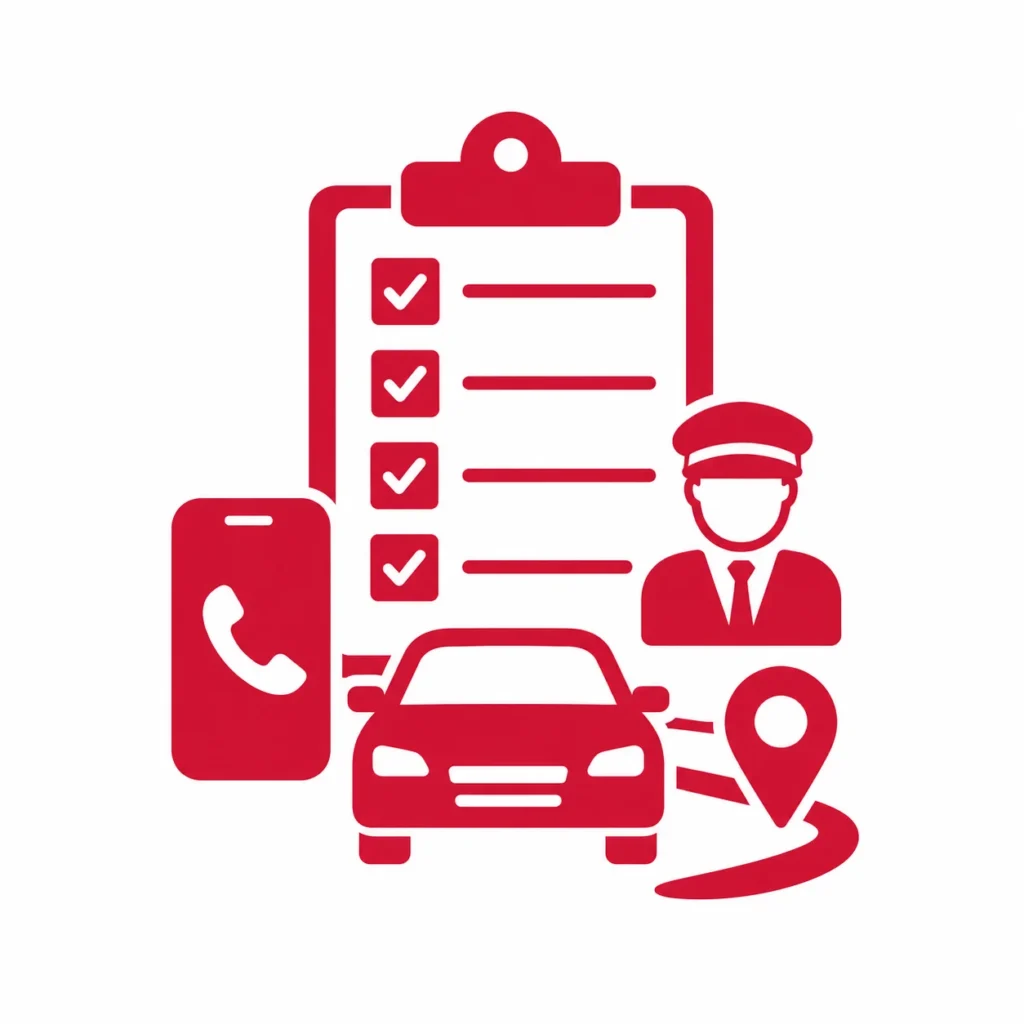 Red icon showing a transportation checklist with phone, driver, car, and location pin, representing driver details and pickup instructions confirmed before arrival day.