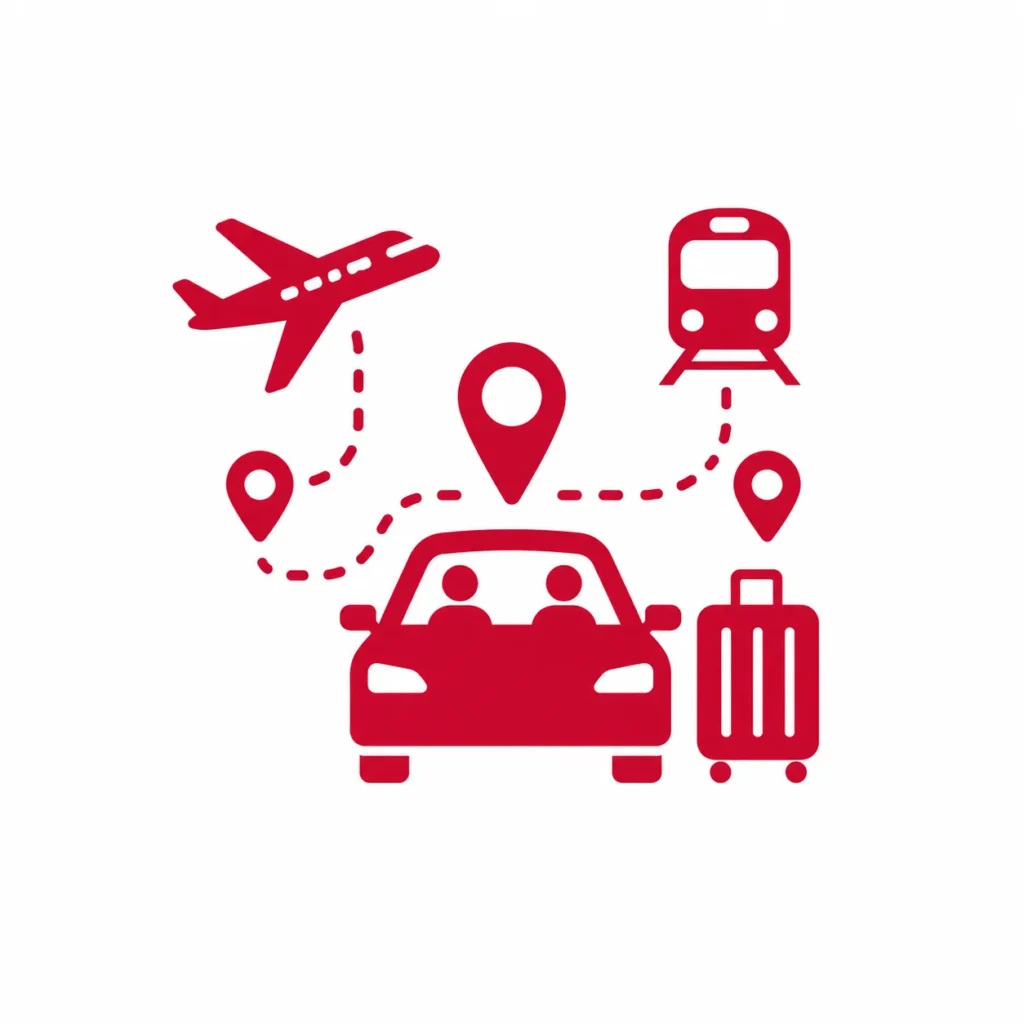 Red icon showing a car, airplane, train, luggage, route line, and location pins, representing VIP transportation planning across different arrival points.