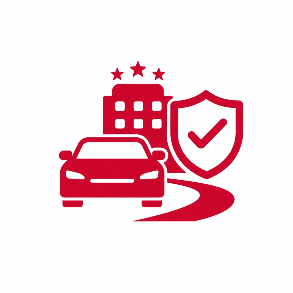 Red icon showing a premium car, hotel building, route path, and shield with checkmark, representing smooth and secure VIP transportation arrival.