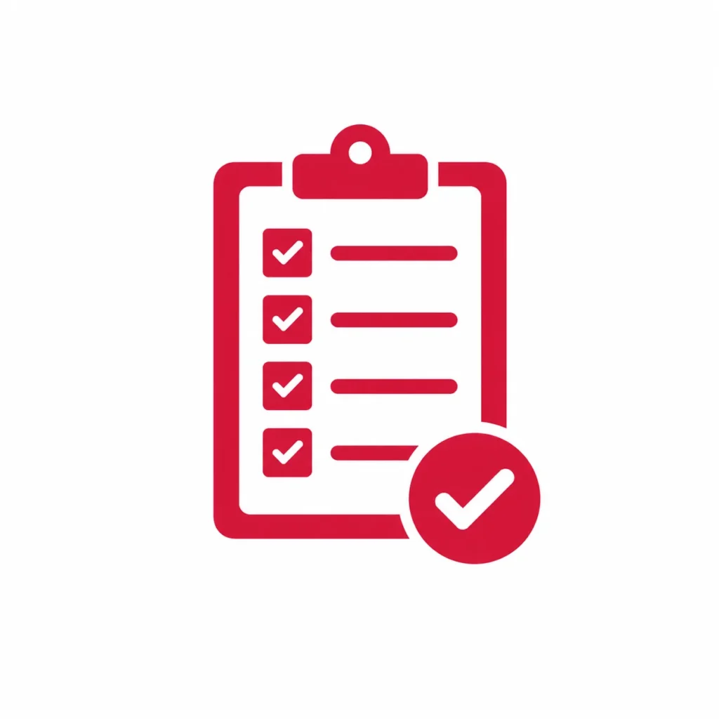 Red clipboard checklist icon with checkmarks, representing travel details that need to be clarified before confirming VIP travel arrangements.