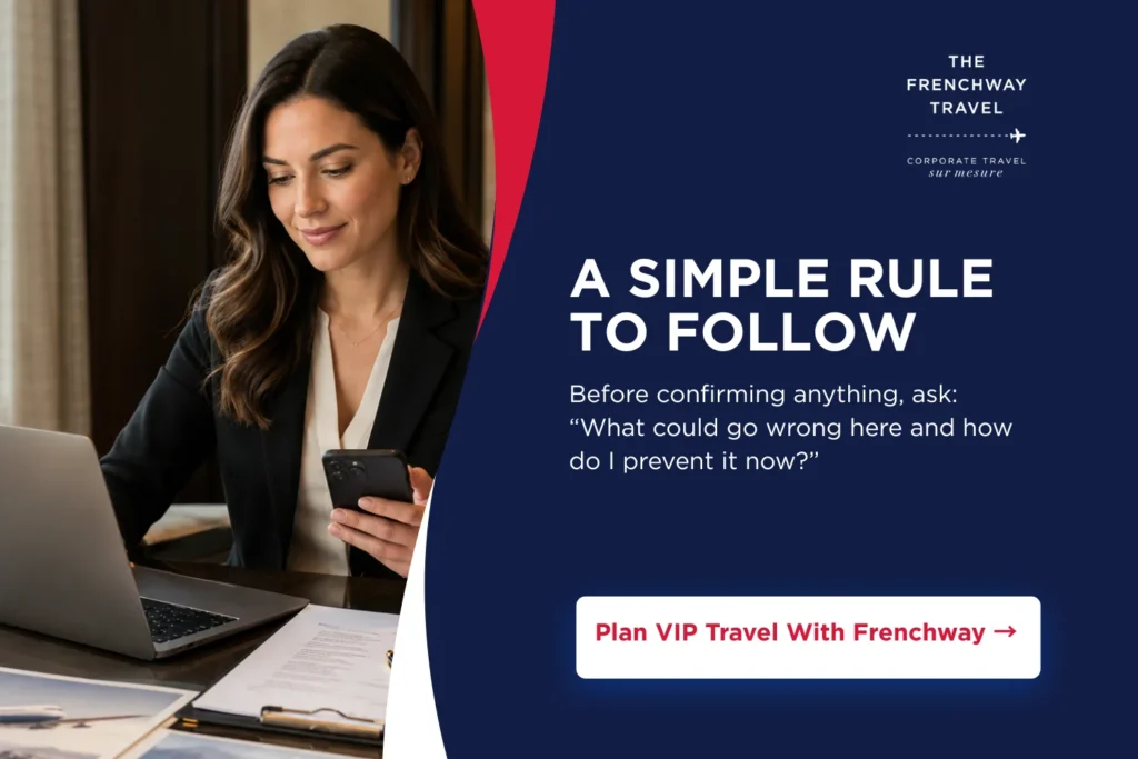CTA image for a VIP talent travel checklist article, showing a professional coordinator reviewing a travel plan with the text “A Simple Rule to Follow” and a button to plan VIP travel with Frenchway.