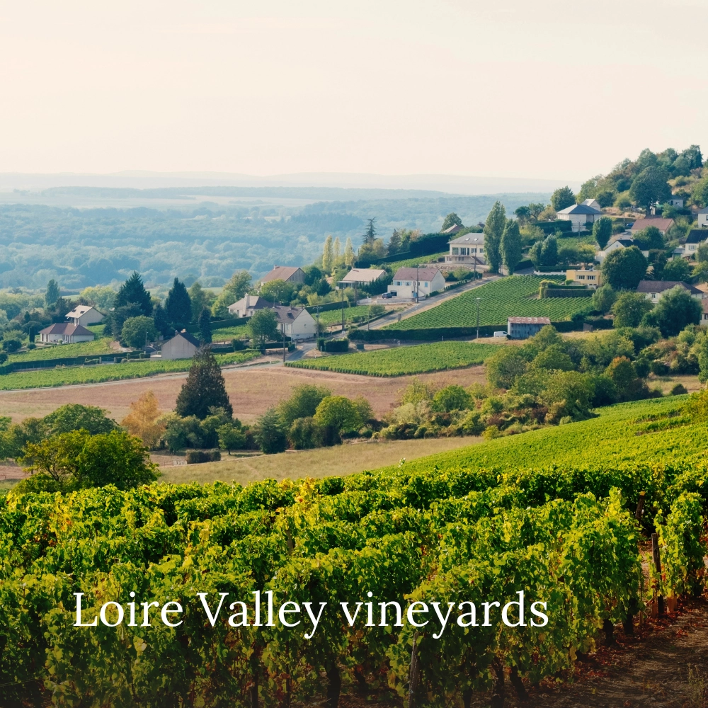 Vineyard-covered hills and a rural village in the Loire Valley, France