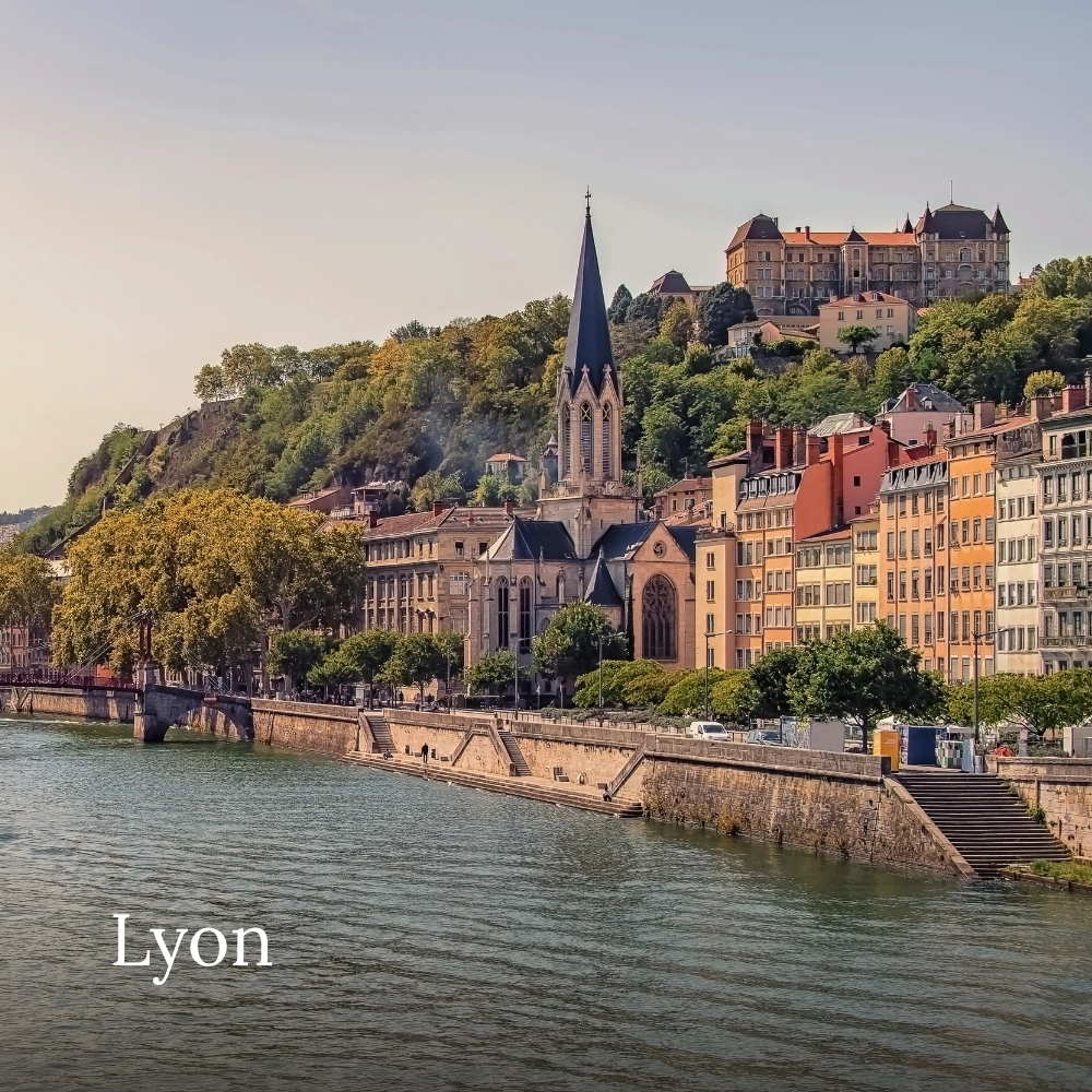 Historic buildings and colorful facades along the Saône River in Lyon, France